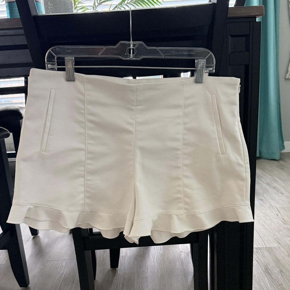 1. State High Waist White Ruffle Hem Shorts